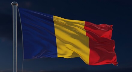 Romanian flag waving proudly against a dark blue sky, symbolizing national pride and unity on a clear evening, creating a patriotic atmosphere.