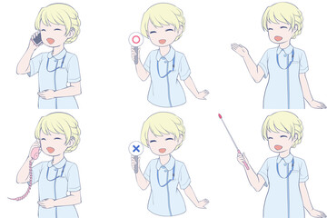 電話をかける、マルバツ棒を持つ、案内する若い女性看護師。可愛いナースのクリップアート6点セット