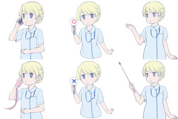 電話をかける、マルバツ棒を持つ、案内する若い女性看護師。可愛いナースのクリップアート6点セット