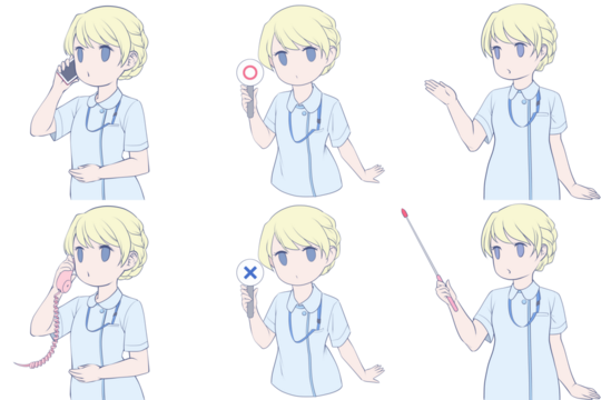 電話をかける、マルバツ棒を持つ、案内する若い女性看護師。可愛いナースのクリップアート6点セット