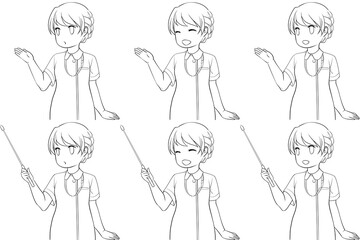 案内する女性看護師、指し棒を持つナース服の女性。説明する若い女性の未彩色線画6点セット