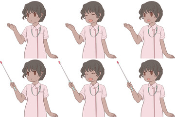 案内する女性看護師、指し棒を持つナース服の女性。説明する若い女性のクリップアート6点セット