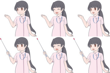 案内する女性看護師、指し棒を持つナース服の女性。説明する若い女性のクリップアート6点セット