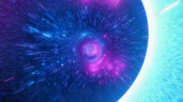 Abstract hyperspace jump animation with a swirling purple and blue wormhole tunnel effect in deep space