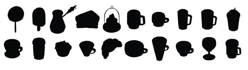 Teapots and mugs, coffee cups vector silhouette vector illustration. Silhouette icons of cups, teapots, and mugs in a minimalist black and white design. Vintage silhouette icons of kitchen utensils.