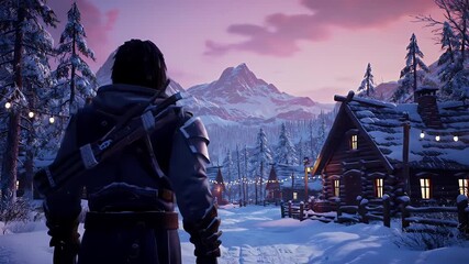 Pixelated adventurer observes snowy mountain village at dusk warm cabin lights glow with festive strings of lights on - Powered by Adobe