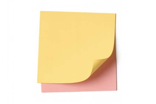 Blank yellow and pink sticky notes providing space for reminders, messages, or office organization on transparent background
