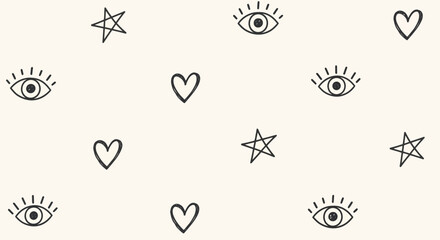 Charming seamless pattern with hand-drawn mystical eyes, loving hearts, and twinkling stars on a light background, creating a whimsical, spiritual, and decorative aesthetic