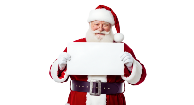 Jolly Santa Claus cheerfully holding blank sign for your holiday messages and festive promotions, spreading joy and winter cheer