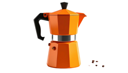 An orange stovetop espresso maker with a black handle and knob, accompanied by a few coffee beans