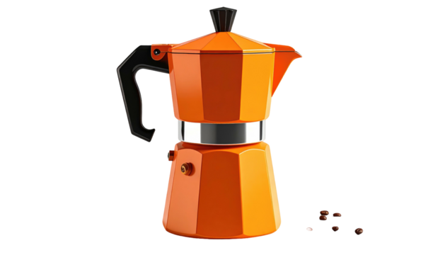 An orange stovetop espresso maker with a black handle and knob, accompanied by a few coffee beans