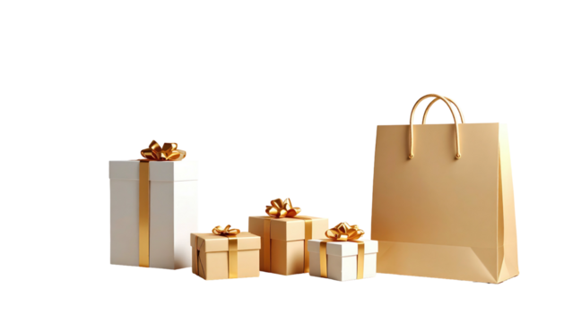 Three gift boxes and a shopping bag, rendered against a black background, showcasing gold accents and neutral colors