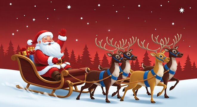 Cheerful Santa Claus waving in sleigh with reindeer team delivers gifts on Christmas Eve under snowy star filled sky for holiday celebrations