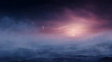 Fototapeta premium Alien ocean landscape under a dramatic twilight sky with two moons and a distant sun