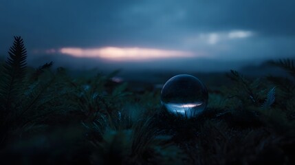 Fototapeta premium A crystal ball rests in lush green grass at dusk reflecting the serene atmospheric twilight horizon