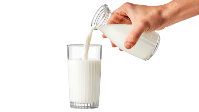 Pouring Fresh Milk: Healthy Drink in Glass on White Background