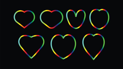 Set of heart icons on black. Rainbow Heart Outlines. Colorful Symmetrical Abstract Icon Set. 
