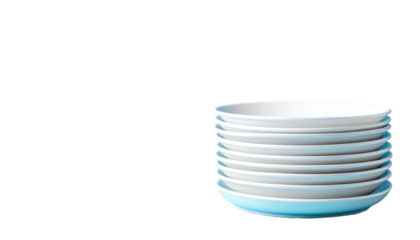Stack of pale blue & white plates sits on a black background, light hitting the plates' edges