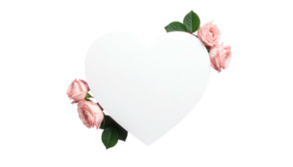A white heart shape is surrounded by small pink roses and green leaves, set against a transparent background