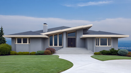 Modern single-story house with large windows and a landscaped yard in a suburban area