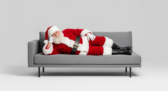 Exhausted Santa Claus in a classic red suit taking a nap on a modern gray sofa, symbolizing holiday stress and post-Christmas fatigue