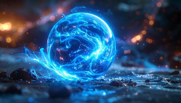 Glowing blue orb on rough ground, surrounded by swirling energy and small lights in the distance