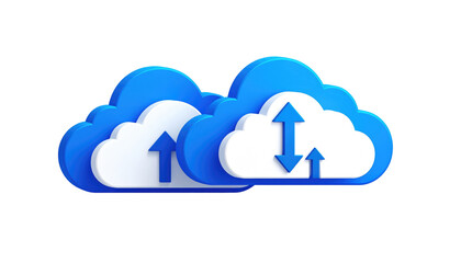 Two layered blue clouds with arrows, one pointing up and the other up and down, isolated on a black background
