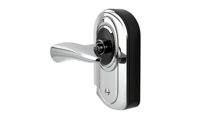 Shiny, futuristic door handle with chrome accents against a stark black background, angled for detailed viewing