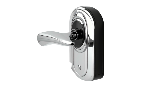 Shiny, futuristic door handle with chrome accents against a stark black background, angled for detailed viewing