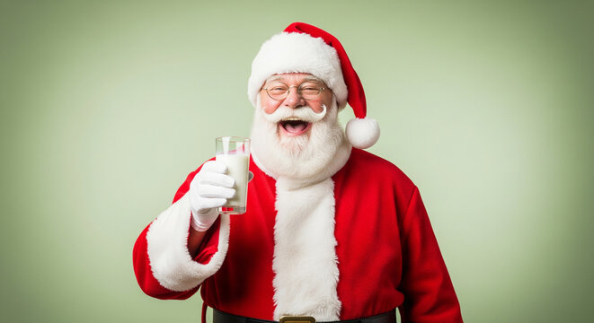 Christmas character, Santa Claus in his traditional red suit and hat, holding a glass of milk with a joyous expression against a softly lit green background, celebrating the holiday spirit