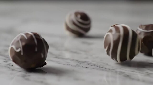 Delicious Dark Chocolate Truffles With White Chocolate Drizzle On Marble Surface