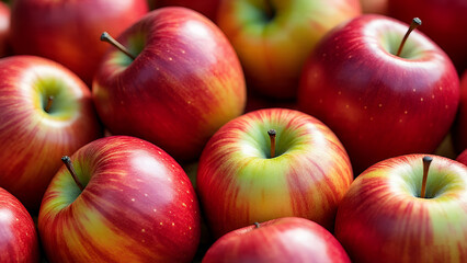 Vibrant, fresh apples, arranged naturally. The apples are predominantly deep red with hints of golden yellow and green.