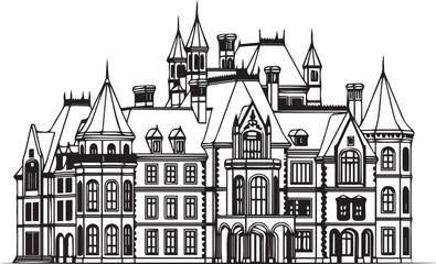 Fototapeta premium Stately manor architectural drawing perfect for historical projects, elegant designs, or old-world charm branding elements. Scalable vector for versatile use