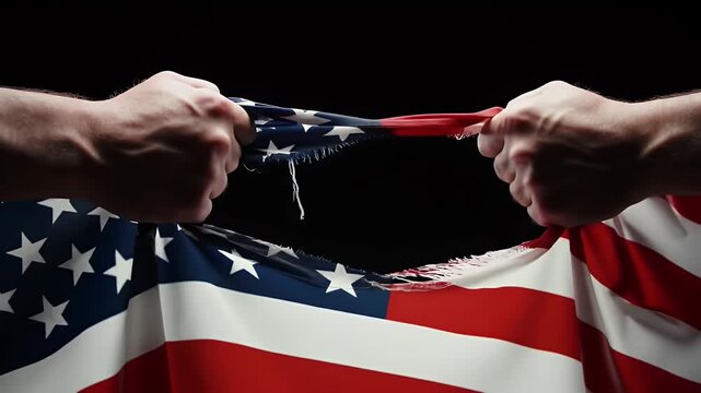 Hands Tearing American Flag Apart Dramatic Conflict Representation On Black Background