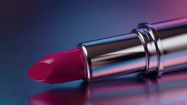 Close up of a Shiny Silver Lipstick Tube with Vibrant Magenta Color Bullet and Soft Gradient Background