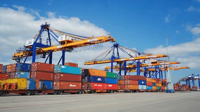 Close-up of brightly stacked shipping containers and a yellow crane working at a busy, bustling cargo terminal