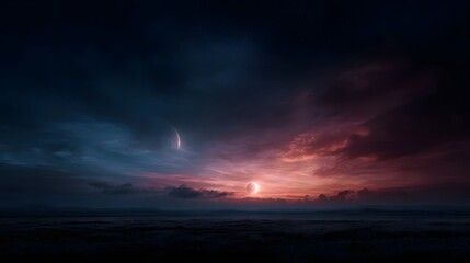 Obraz premium Vast alien landscape under a dramatic twilight sky featuring two luminous celestial bodies and colorful cloud formations