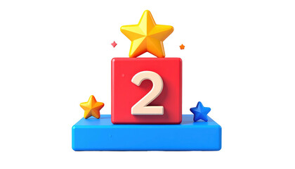 3D rendering Number two on a red block atop blue platform, adorned with yellow and blue stars