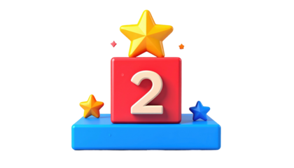 3D rendering Number two on a red block atop blue platform, adorned with yellow and blue stars