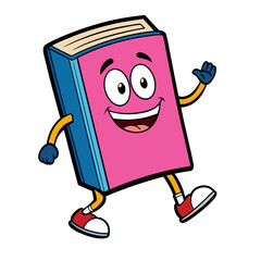 Happy cartoon book character with arms and legs waving and walking joyfully