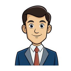 Friendly cartoon man in a blue suit and red tie smiling confidently