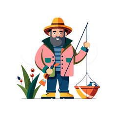 Cartoon fisherman with hat and catch of fish in a bucket