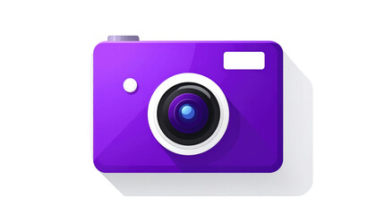 Stylized purple camera icon with white lens highlight and shadow against a black background