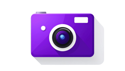 Stylized purple camera icon with white lens highlight and shadow against a black background