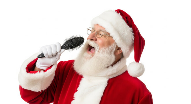 Santa Claus cheerfully singing into a brush, dressed in traditional red and white Christmas attire, isolated on a white background, embodying festive holiday spirit and joyful celebration
