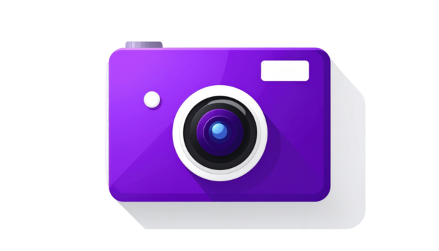 Stylized purple camera icon with white lens highlight and shadow against a black background