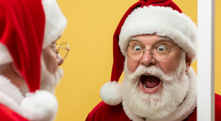 A surprised Santa Claus in his reflection, captured in a humorous and joyful moment of self-discovery and holiday spirit against a vibrant yellow background