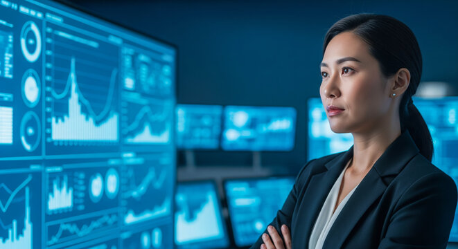 Focused businesswoman observing data on large digital screens in a high-tech control room