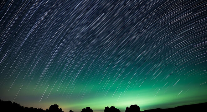 Long exposure photograph of star trails and aurora borealis over a silhouetted forest and mountains isolated on transparent background - Powered by Adobe