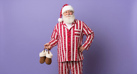 Santa Claus in Striped Pajamas Holding Slippers Against a Purple Background